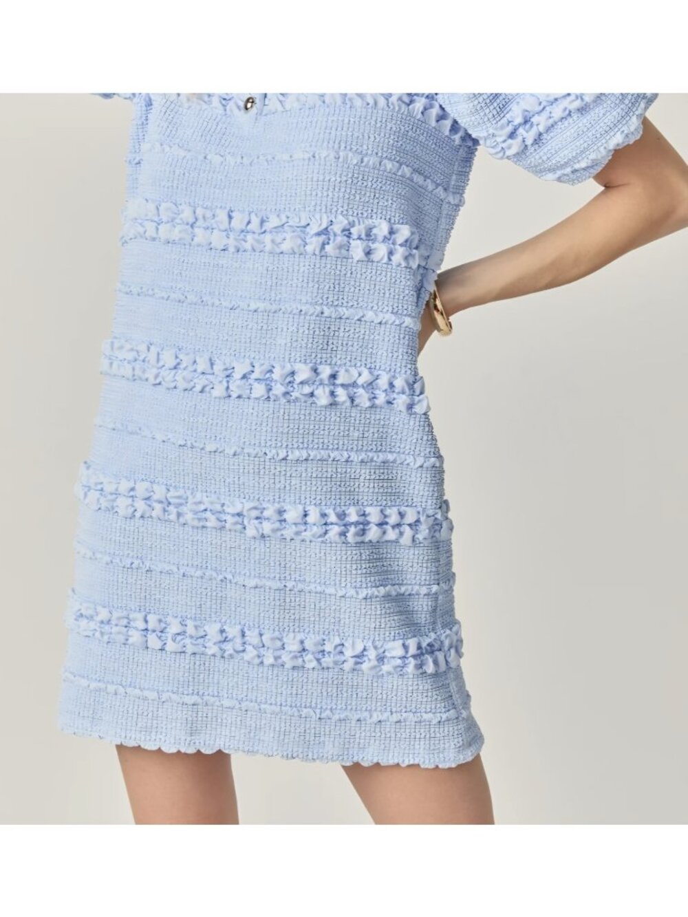 English Factory XS Blue Tweed Textured Mini Shift Dress Puff Sleeve Button $130 - Picture 5 of 8